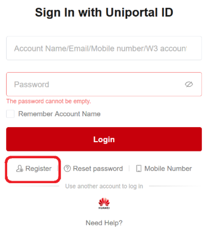 Opcja Register na stronie logowania Huawei
