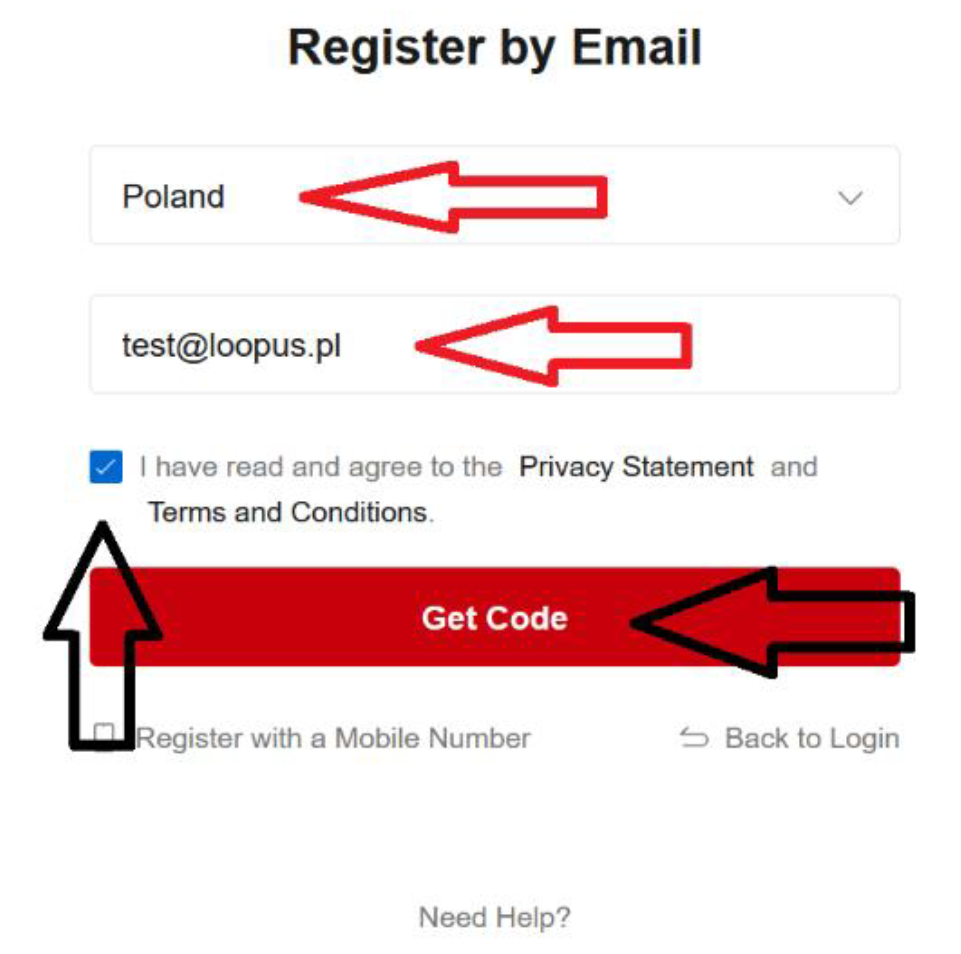Formularz rejestracji z wyborem kraju Poland i adresem email