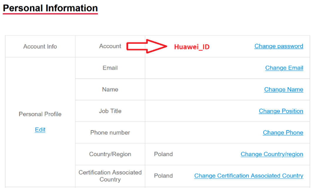 Widok Personal Information z zaznaczonym Huawei ID